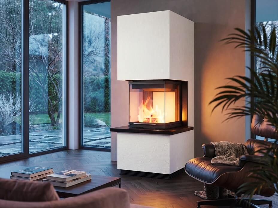 Kamin dreiseitig verglast